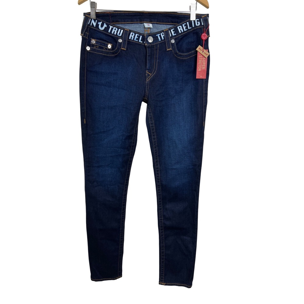 True Religion Skinny Jeans Women 32 Blue Logo Waistband Super Stretch Denim PF17